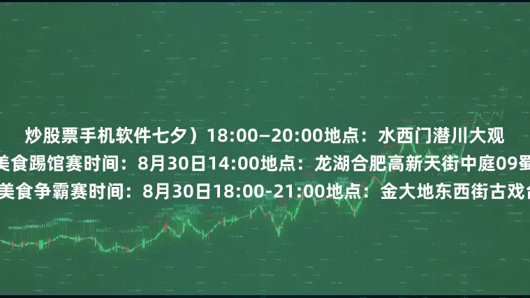 炒股票手机软件七夕）18:00—20:00地点：水西门潜川大观广场08高新区“超级皖”高新美食踢馆赛时间：8月30日14:00地点：龙湖合肥高新天街中庭09蜀山区“超级皖·蜀山味”美食争霸赛时间：8月30日18:00-21:00地点：金大地东西街古戏台10瑶海区“鼎味瑶海·饕餮之旅”瑶海区2025“超级皖”踢馆赛时间：8月31日16:00地点：最高台宴会大酒店2楼费加罗厅（胜利路与琅琊山路交口东北